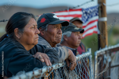 American immigration and United States refugee crisis concept as Mexican people on a USA border. Mexican people stare out the fence with USA flag. USA-Mexico border crisis. 