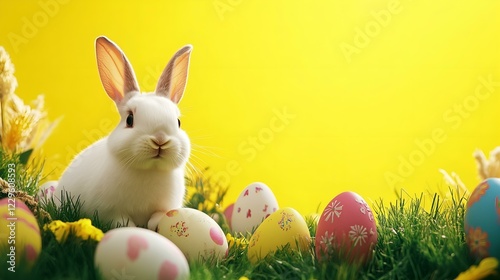 Adorable white Easter bunny sitting on green grass surrounded by colorful decorated eggs against a bright yellow festive background photo