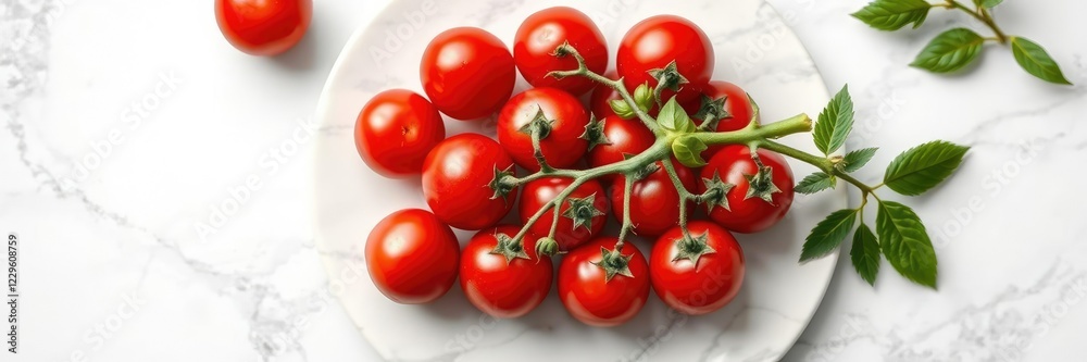 Fresh cherry tomatoes on a white marble plate, arranged in a visually appealing manner, kitchen decor, white background, marbled surface Fresh cherry tomatoes on a white marble plate, arranged in a visually appealing manner, kitchen decor, white background, marbled surface