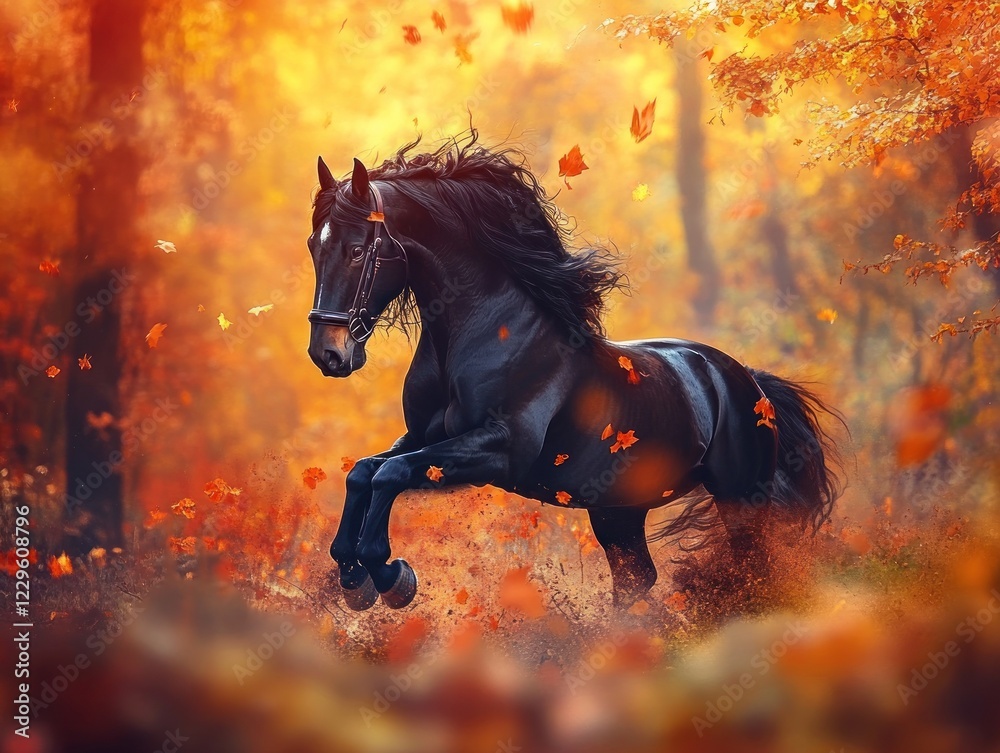 Majestic Black Stallion in Autumnal Forest