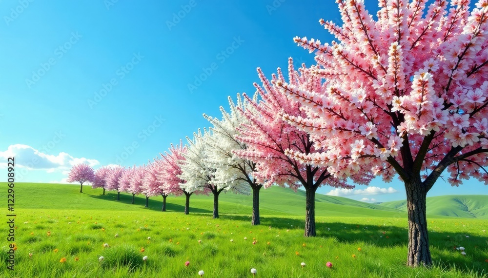Row of almond trees with a mix of pink and white flowers against a bright blue sky, landscape, white flower Row of almond trees with a mix of pink and white flowers against a bright blue sky, landscape, white flower