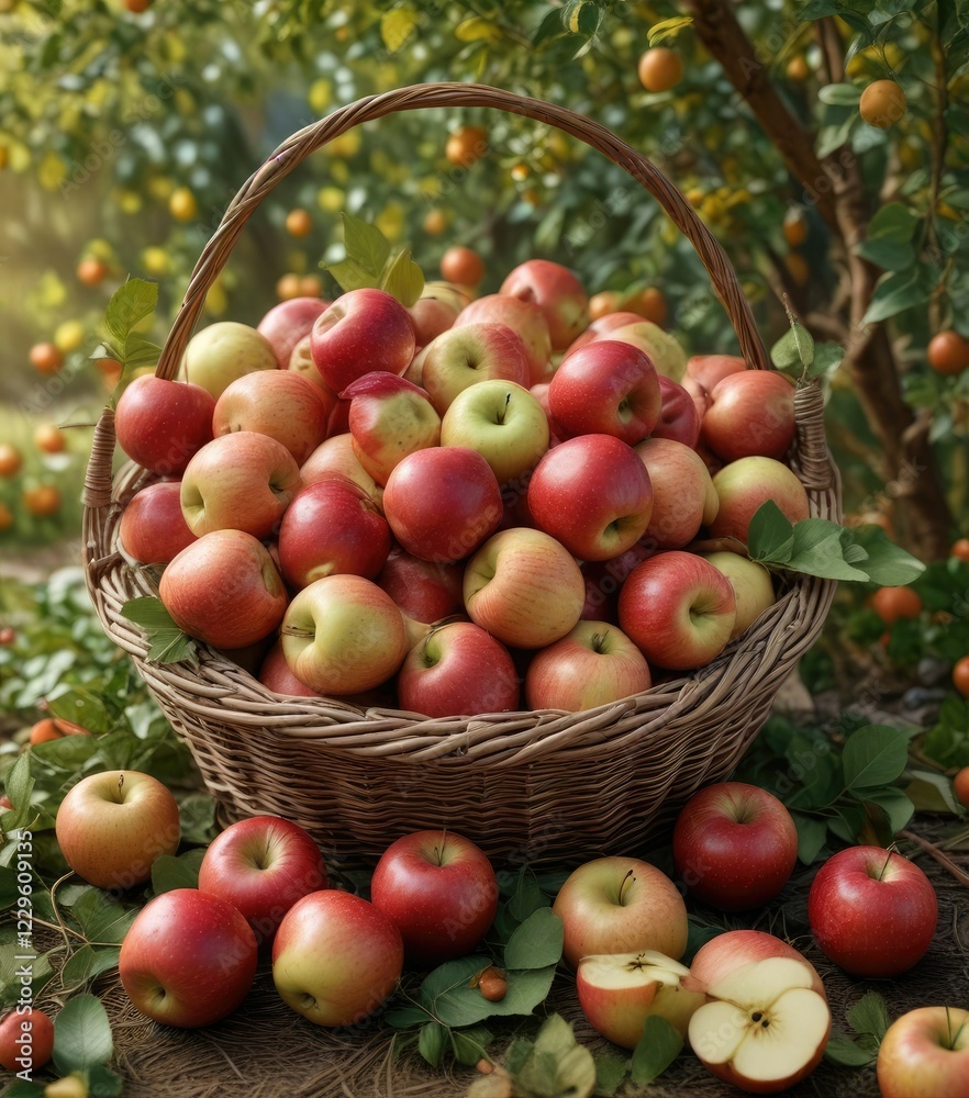 Freshly picked apples arranged in a wicker basket with natural twigs and leaves , apples, organic Freshly picked apples arranged in a wicker basket with natural twigs and leaves , apples, organic
