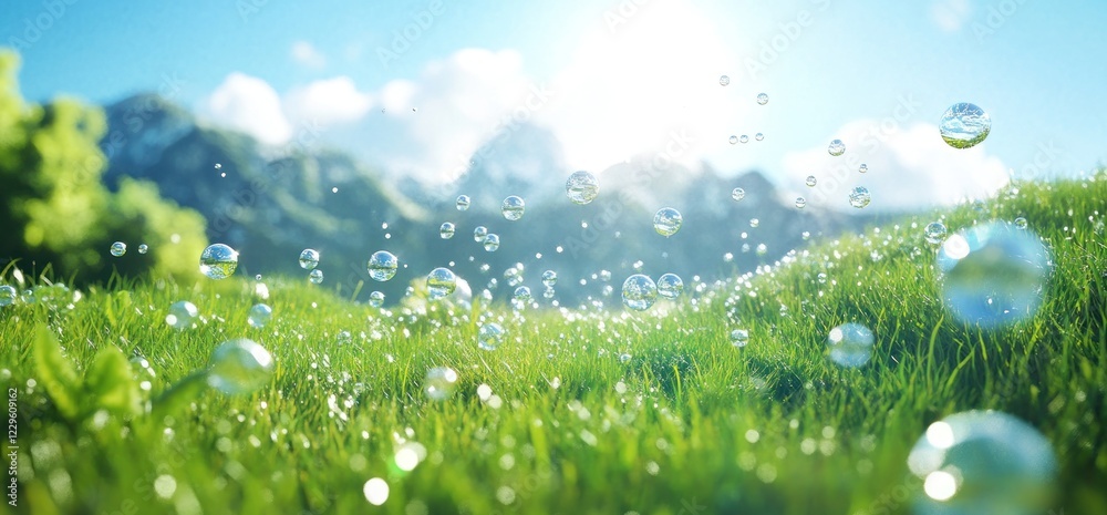 Enchanted Meadow: Bubbles Dance Amongst Green Grass and Majestic Mountains Enchanted Meadow: Bubbles Dance Amongst Green Grass and Majestic Mountains