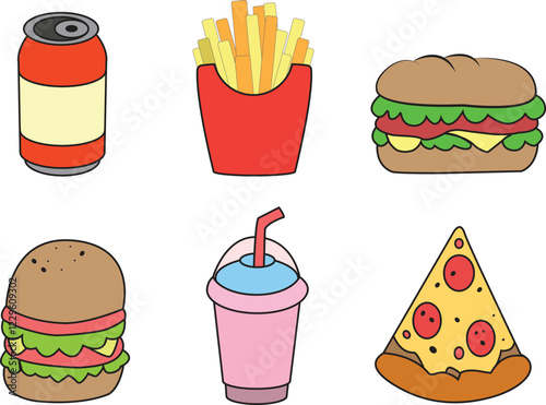 Colorful fast food icons featuring soda can, French fries, sandwich, burger, milkshake, and pizza slice. Ideal for food apps, menus, marketing materials, and social media content.