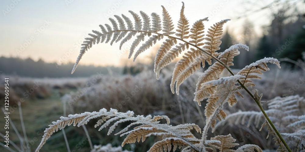 Naklejka premium Frost-covered fern fronds gently swaying in winter breeze, winter foliage, frosty leaves, natural winter scene