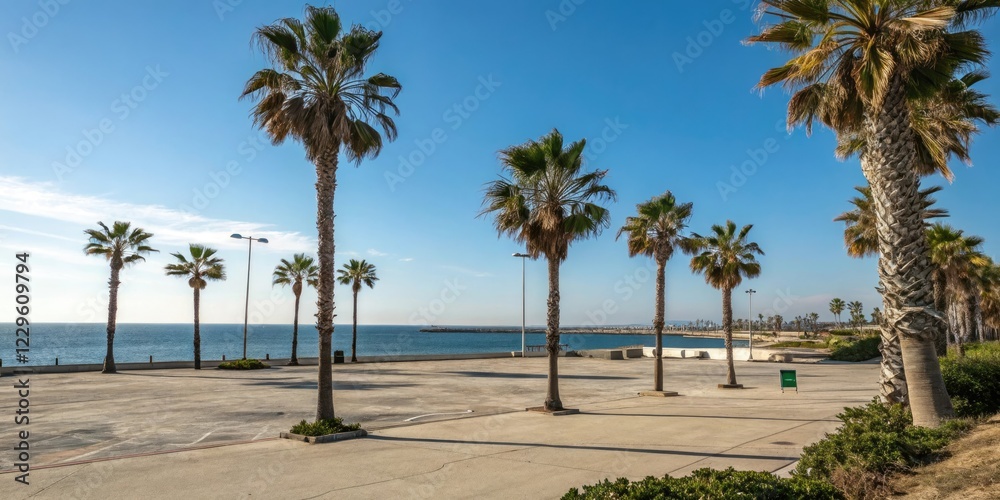 serene ocean landscape with palm trees swaying gently under a blue sky, peaceful ambiance, natural beauty serene ocean landscape with palm trees swaying gently under a blue sky, peaceful ambiance, natural beauty