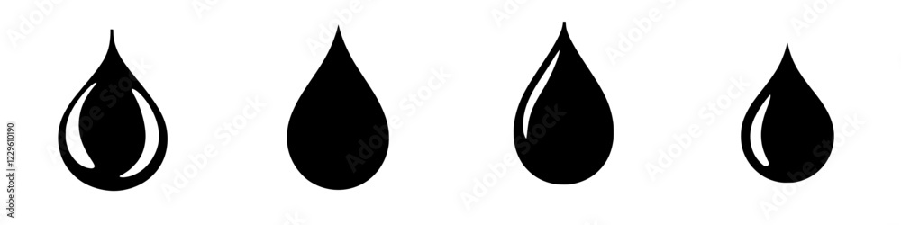 Abstract representation of liquid drops in varying shapes and sizes against a plain background Abstract representation of liquid drops in varying shapes and sizes against a plain background