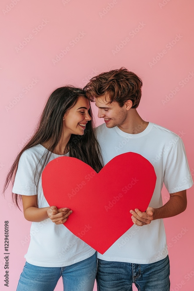 Couple holding a large red heart, smiling at each other against a pink background, representing love, romance, relationship, and joy in a modern lifestyle setting. Couple holding a large red heart, smiling at each other against a pink background, representing love, romance, relationship, and joy in a modern lifestyle setting.