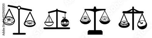Illustration of scales balanced with donuts and fruits showcasing a healthy lifestyle choice