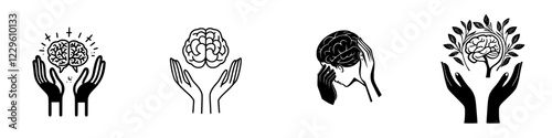 Hands holding symbols of mental health awareness and emotional well-being in a minimalist style