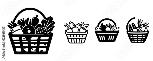 Various baskets filled with fresh vegetables and fruits displayed in a minimalist style for healthy eating inspiration