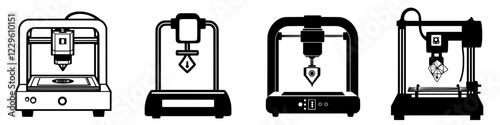 Various types of 3D printers showcasing different designs and features in a tech workshop setting