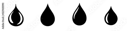 Abstract representation of liquid drops in varying shapes and sizes against a plain background