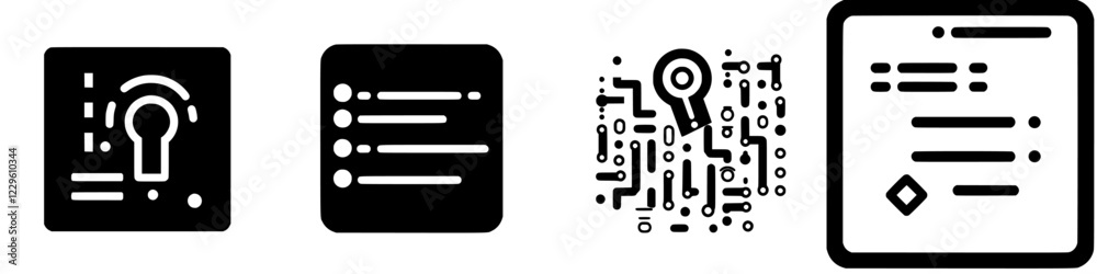 Modern digital symbols representing secure access, data organization, and electronic documentation in a minimalist design Modern digital symbols representing secure access, data organization, and electronic documentation in a minimalist design
