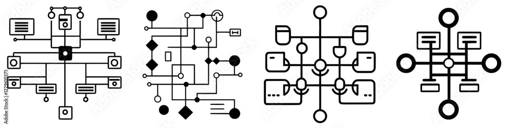 Various abstract flowchart designs showcasing interconnected processes and systems in a modern, minimalist style Various abstract flowchart designs showcasing interconnected processes and systems in a modern, minimalist style