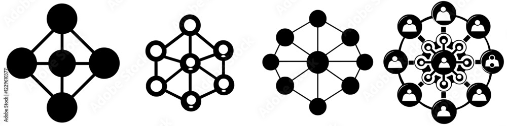 Various styles of network and connection diagrams illustrating relationships and collaboration in digital communication Various styles of network and connection diagrams illustrating relationships and collaboration in digital communication