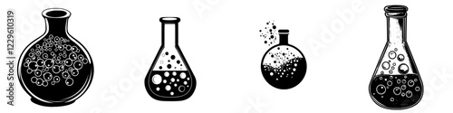 Different laboratory flasks filled with bubbling liquids displayed on a white background representing scientific exploration