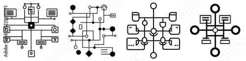 Various abstract flowchart designs showcasing interconnected processes and systems in a modern, minimalist style