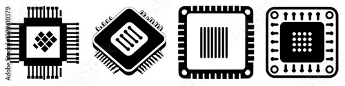 Various CPU and microprocessor icons in black and white showcasing different designs and patterns commonly used in technology