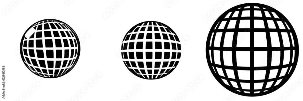 Abstract representation of three globes in varying sizes with grid patterns on a plain background Abstract representation of three globes in varying sizes with grid patterns on a plain background