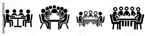 Diverse group discussions at various meeting tables in a professional setting showcase collaboration and teamwork