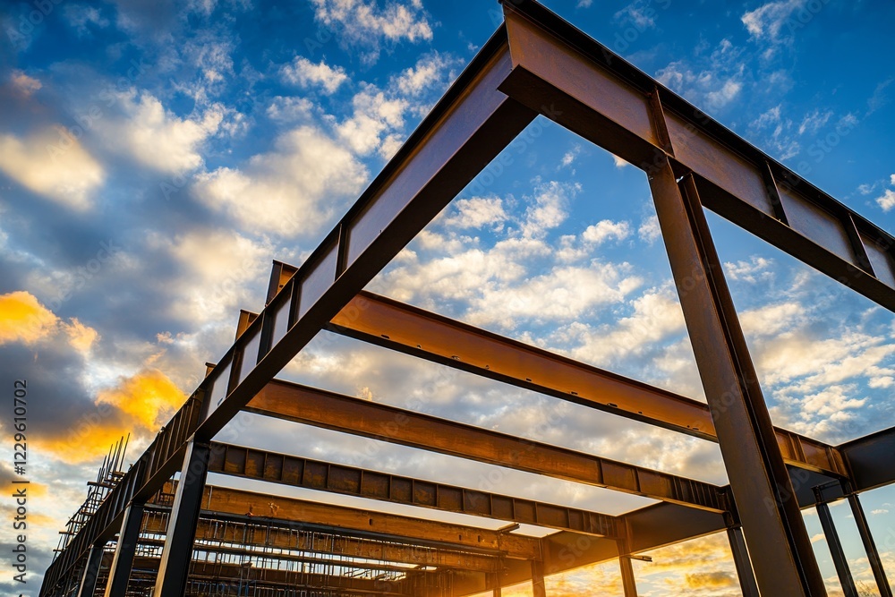 construction site and sunset , structural steel beam build large residential buildings