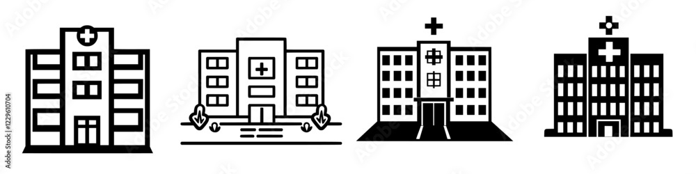 Various designs of hospitals showcasing architecture and symbols of healthcare in a simplified graphic style Various designs of hospitals showcasing architecture and symbols of healthcare in a simplified graphic style