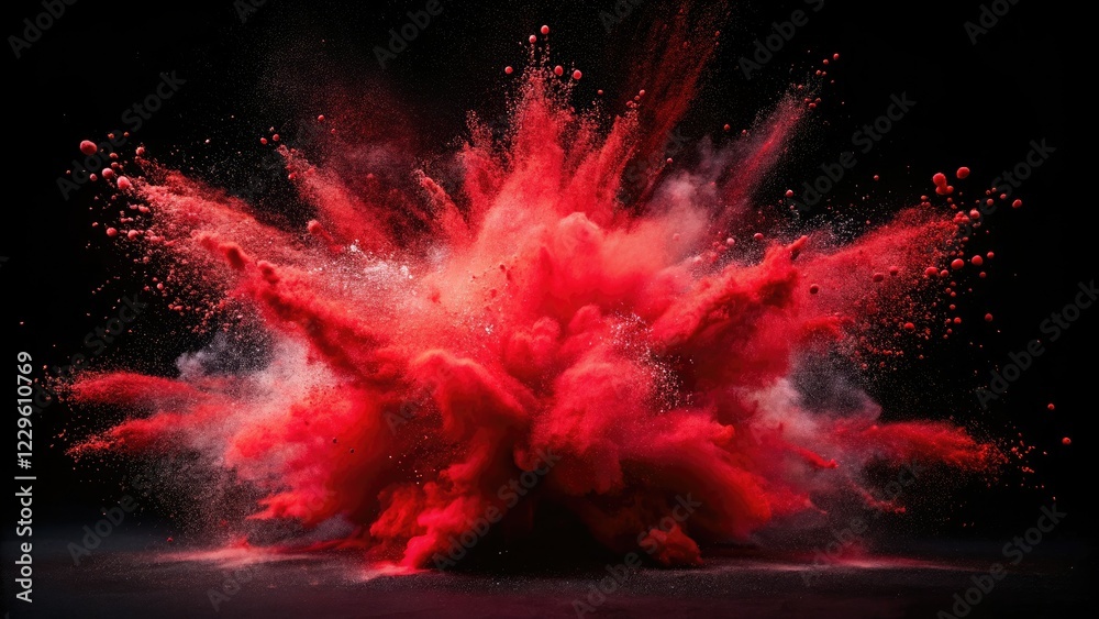 Fototapeta premium Exploding red powder bursts across a black backdrop, a vibrant high-energy spectacle.