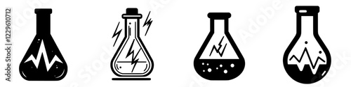 Illustrations of laboratory flasks showcasing various chemical reactions and effects in black and white style