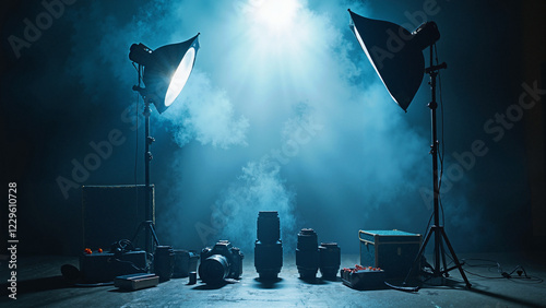 A mesmerizing studio spotlight with blurred LED lights and smoky ambiance, perfect for promoting film schools, cinematography workshops, and creative event advertising.