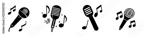 Various microphone designs featuring musical notes on a simple background in a creative arrangement photo