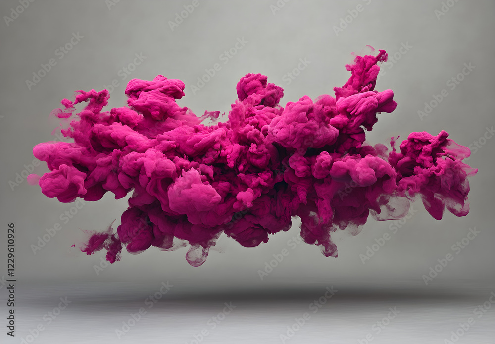 Fototapeta premium 3D render of dark pink paint splashing in the air, against a grey background. 