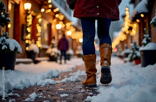 A person walking in snow-covered boots on a Christmas-decorated street with festive lights glowing along the snowy path, capturing the winter atmosphere and holiday spirit in a cozy, outdoor setting. photo