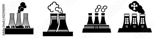 Various designs of cooling towers representing industrial power generation at different times and styles