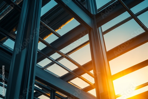 construction site and sunset , structural steel beam build large residential buildings