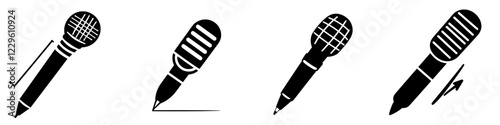 Different styles of microphones and pens arranged together highlighting communication tools in creative and artistic ways
