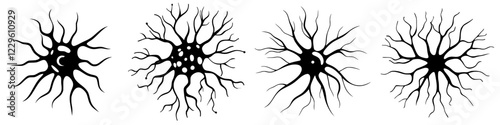 Complex neural network designs illustrate the interconnectedness of brain cells in a striking black and white style