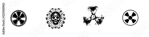 Various designs featuring nuclear and hazard symbols showcasing warning and danger in a stark black and white style