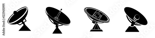 Different types of satellite dishes shown in black silhouette against a white background