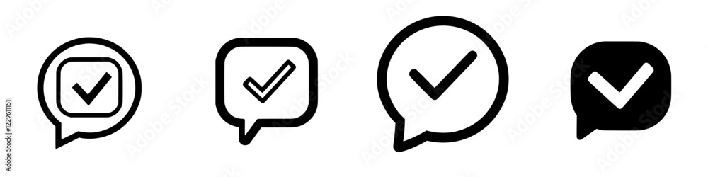 Different styles of check mark symbols in speech bubbles showcase diverse design options for communication elements and graphic applications Different styles of check mark symbols in speech bubbles showcase diverse design options for communication elements and graphic applications
