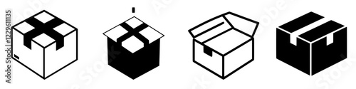 Various stages of packaging and unpacking boxes illustrating different designs and shapes in a warehouse setting