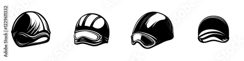 Different styles of helmets designed for safety in various sports and activities displayed on a white background