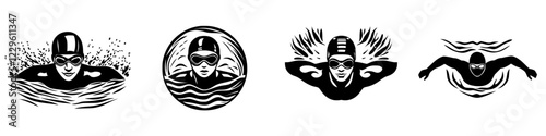 Swimmers showcasing different strokes in a dynamic aquatic composition representing athleticism and grace