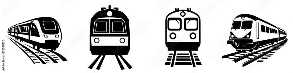 Different types of trains traveling on railway tracks with a focus on varying designs and styles