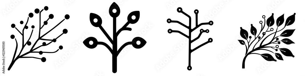 Botanical silhouettes featuring diverse leaf and branch designs in black against a light background Botanical silhouettes featuring diverse leaf and branch designs in black against a light background