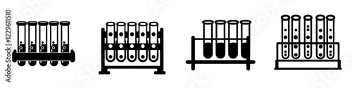 Collection of laboratory test tubes arranged on a workbench displaying various liquid levels and colors
