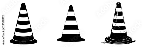 Various designs of road safety cones in black and white with different stripe patterns on a plain background