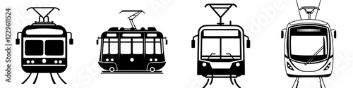 Different types of trams displayed in a creative arrangement showcasing urban transportation