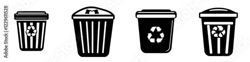 Various types of trash bins showcasing different recycling options and waste management solutions in an urban setting