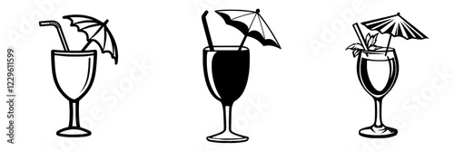 Colorful tropical cocktails with umbrellas served at a beach bar during sunset